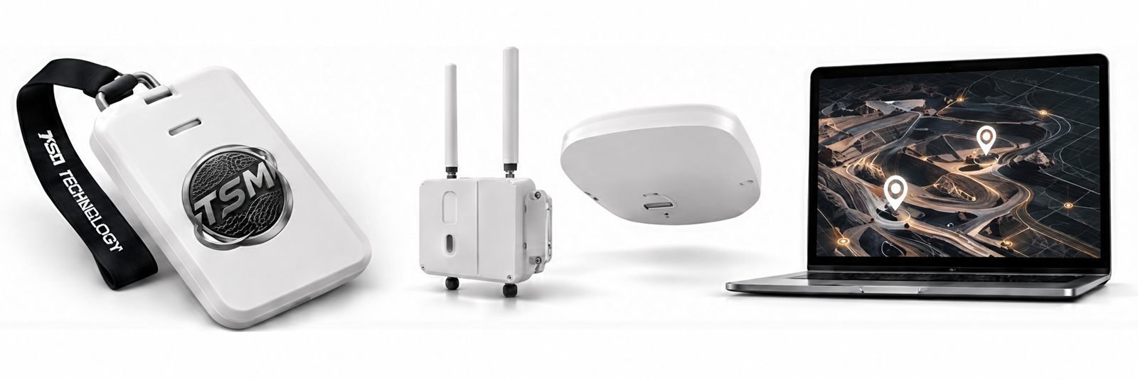 Crachá TSM, gateway com antenas, dispositivo interno e notebook com a plataforma de monitoramento.